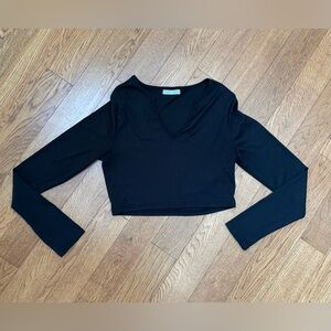 Black Long-Sleeve Ribbed V-Neck Crop Top